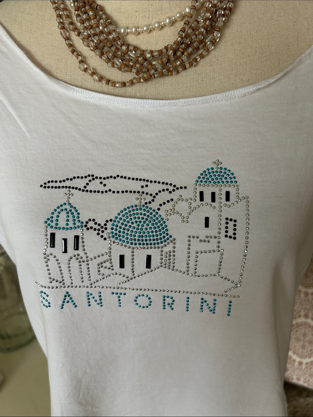 Zoe white cotton Y2K tourist Greece Santorini bedazzled top L - Picture 2 of 10